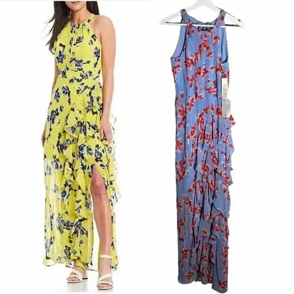 Eliza J Sleeveless Halter Neck Ruffle Thigh High Slit Floral Print Maxi dress Eliza J Sleeveless Halter Neck Ruffle Thigh High Slit Floral Print Maxi dress